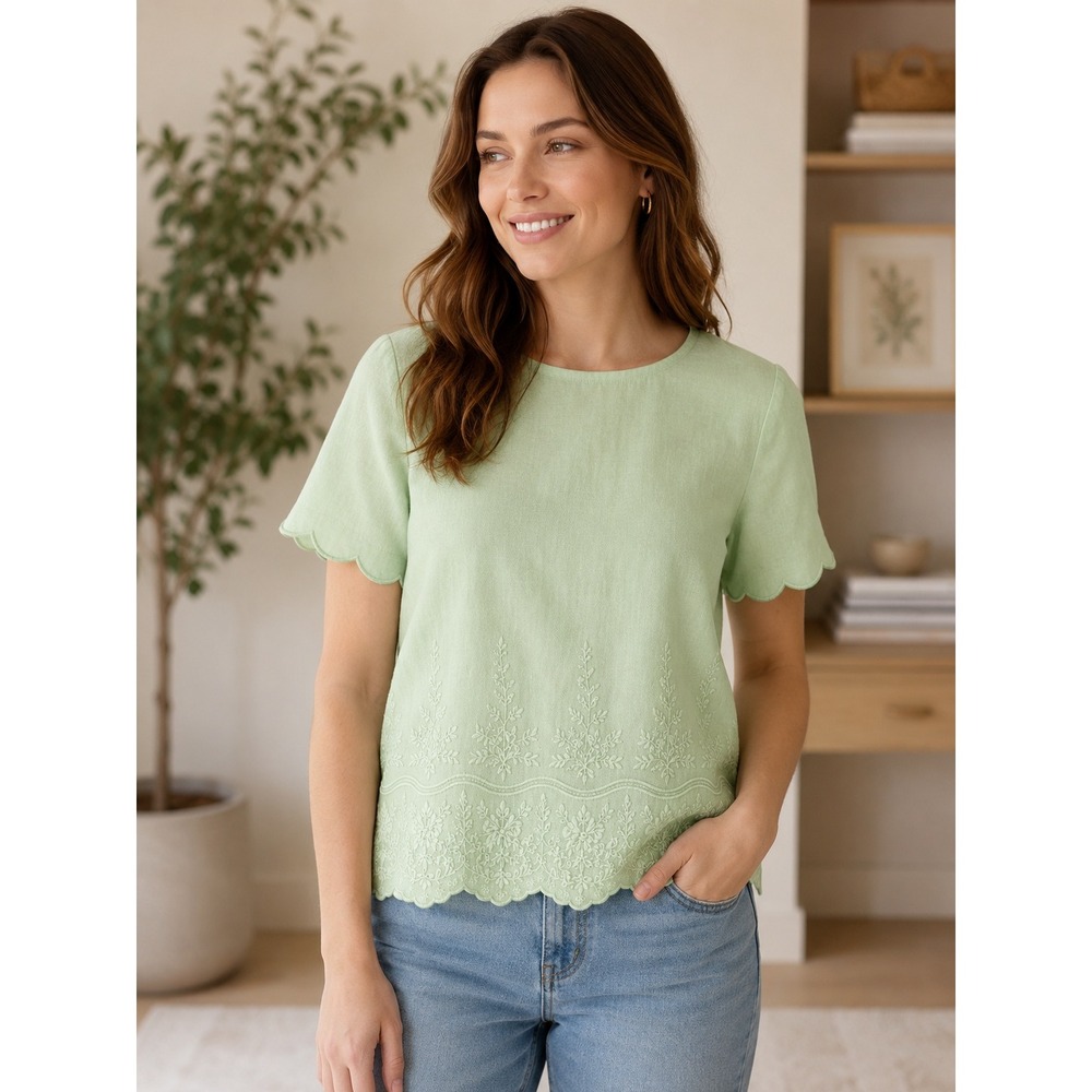 J. Crew Linen Floral Embroidery Scallop Hem Top Womens 8 Mint Green Cottagecore